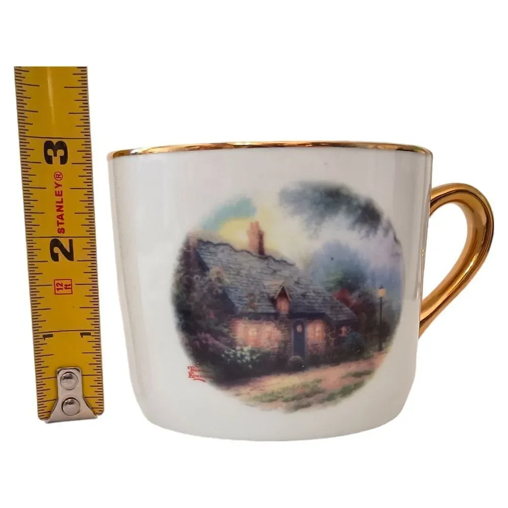 Thomas Kinkade Moonlight Cottage Tea Cup Saucer‎ Vase Teleflora Gold Trim Set